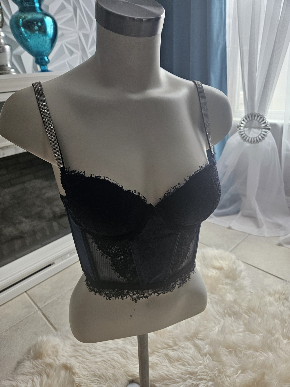 Victoria's Secret Black Lace Longline Bustier with Rhinestone Straps